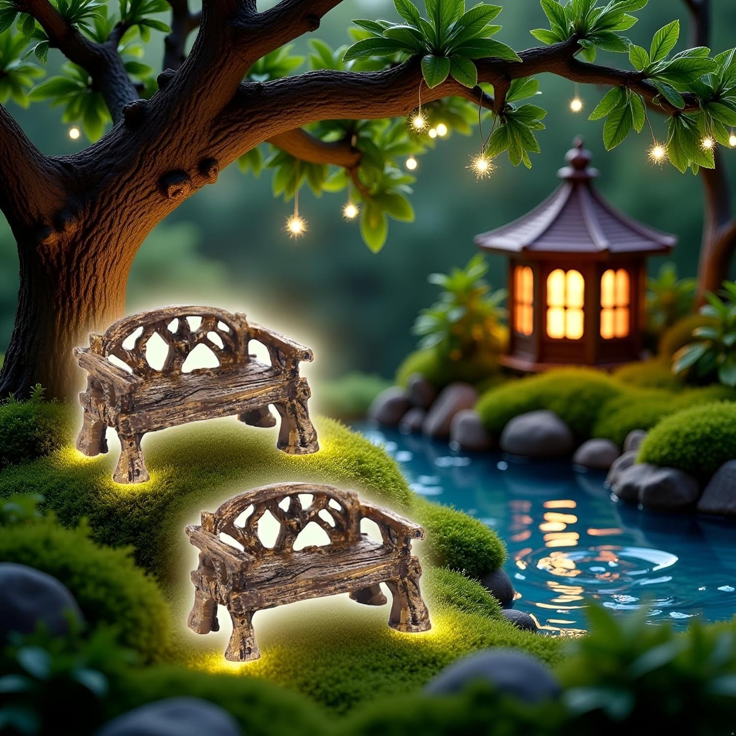 Miniature Resin Garden Bench, Fairy Village Dollhouse Accessory, Fairy Garden Furniture Ornaments, Dollhouse Accessories?2Pcs?