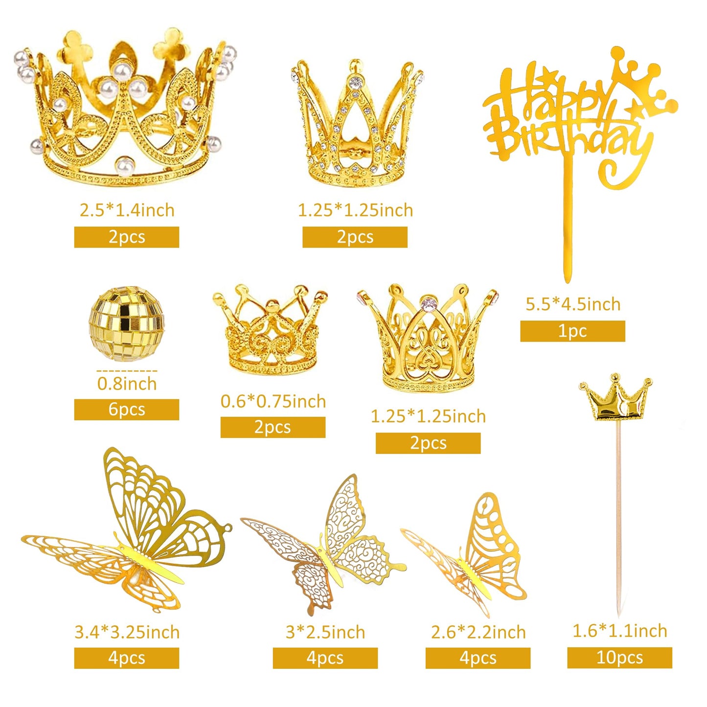 37 PCS Crown Cake Topper Mini Gold Crown Butterfly Disco Ball Decorations for Women Wedding Birthday Supplies (Gold)