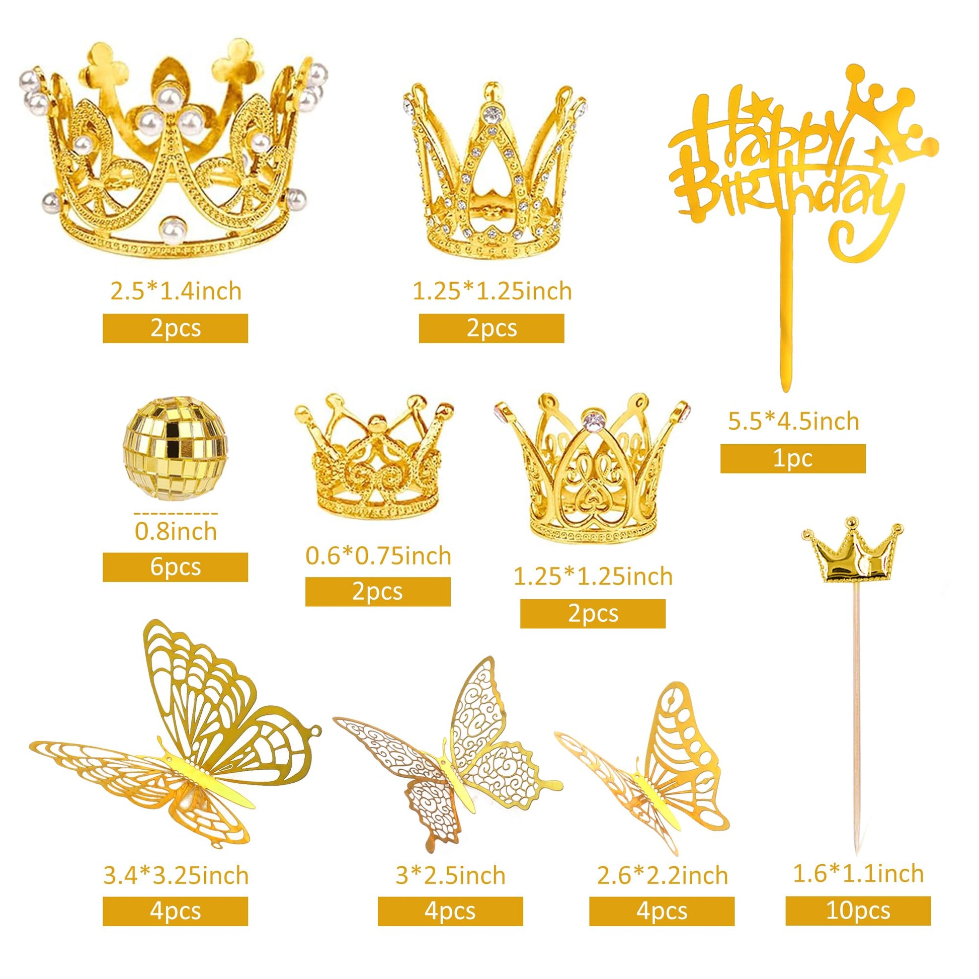 37 PCS Crown Cake Topper Mini Gold Crown Butterfly Disco Ball Decorations for Women Wedding Birthday Supplies (Gold)