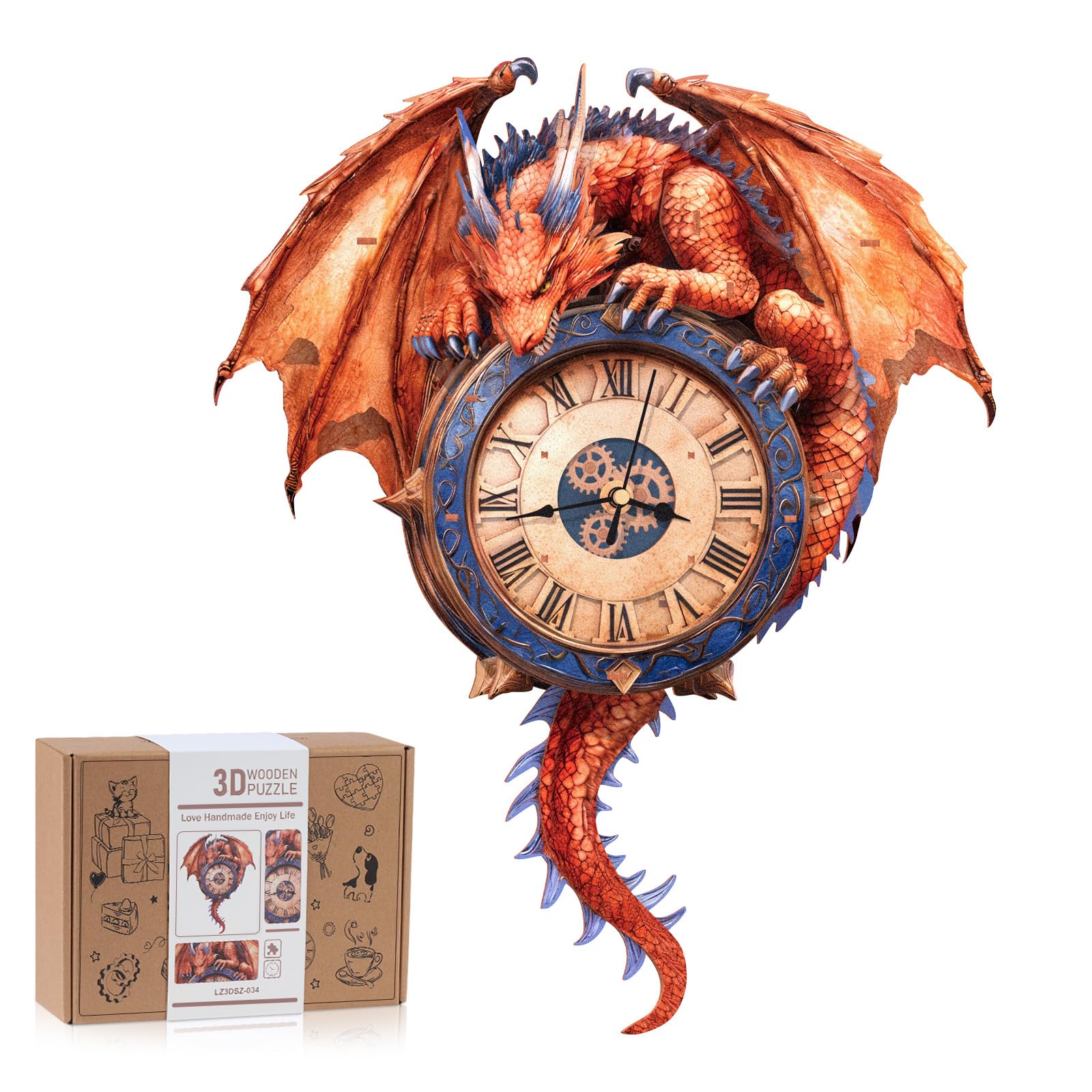 Rnfinewow 3D Puzzles for Adults, 3D Puzzle Fiery Dragon Clock Kit (with Pendulum), Wooden Puzzles for Adults Home Decor DIY Clock Crafts for Adult
