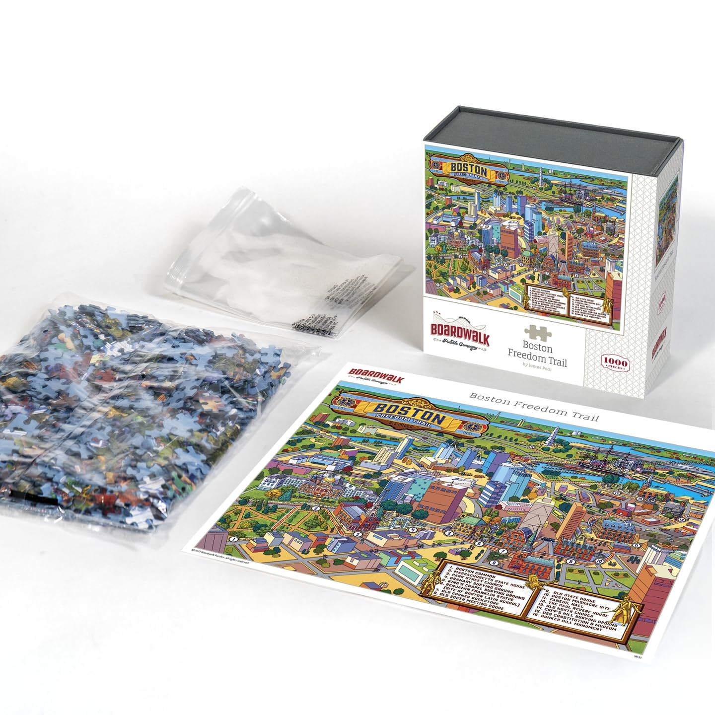 Boardwalk Boston Freedom Trail 1000 Piece Jigsaw Puzzle Historic Massachusettes Map Puzzles with Premium Box, Gift for Adults and Family 19"x26"