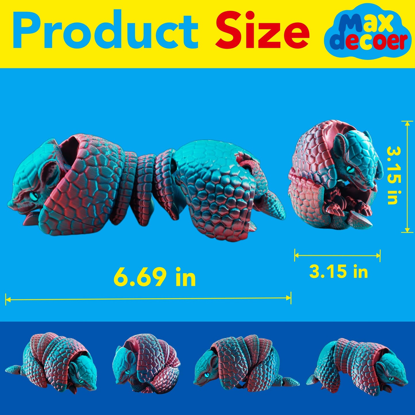 Maxdecoer 3D Printed Articulated Armadillo Toy, Flexible Movable Armadillo Desk Pet, Fidget Animal Figurine for Home Office Decor, Collectible Gift