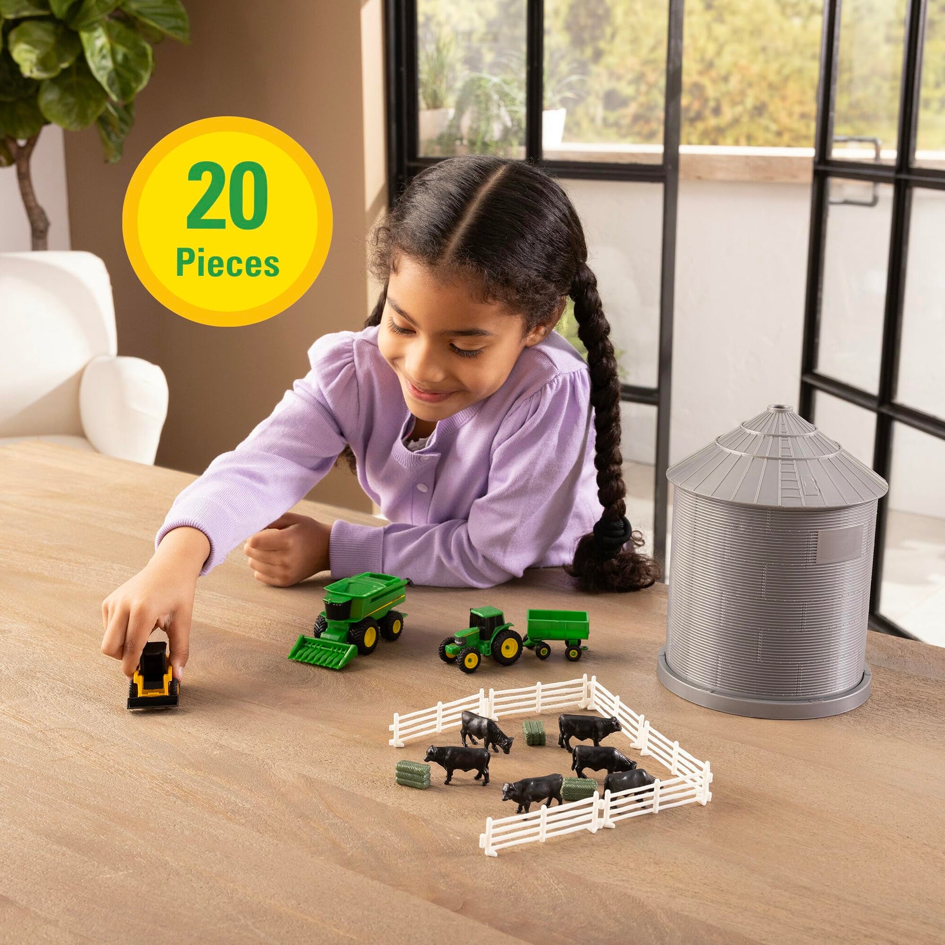 TOMY John Deere Farm Playset with Grain Bin - 1:64 Scale - Includes Grain Bin, John Deere Tractor Toys, Skid Steer, Farm Animal Toys, and Fencing