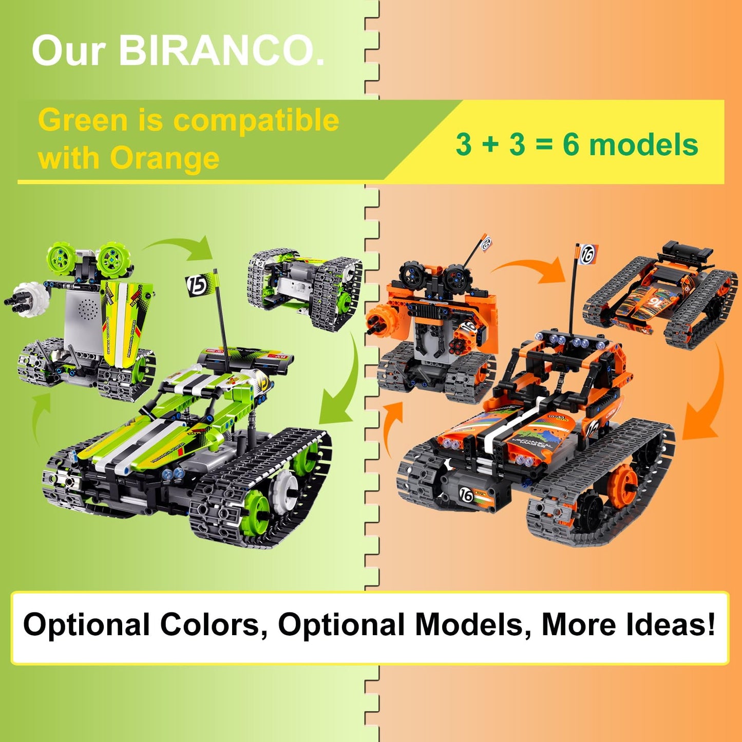BIRANCO. Remote Control Tracked 3in1 Stunt Racer Building Kit - RC Car STEM Construction Toy, Gift Idea for Kids, Boys and Girls Ages 8-12 Year Old