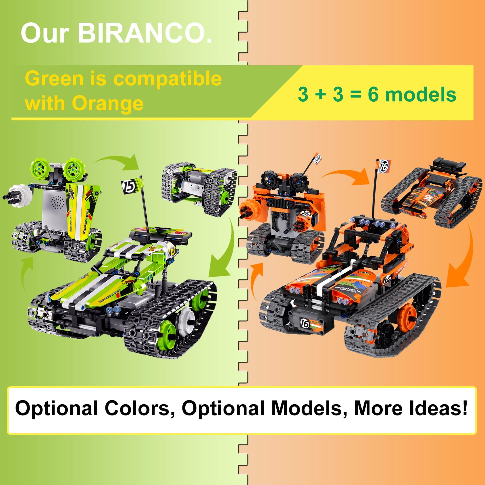 BIRANCO. Remote Control Tracked 3in1 Stunt Racer Building Kit - RC Car STEM Construction Toy, Gift Idea for Kids, Boys and Girls Ages 8-12 Year Old