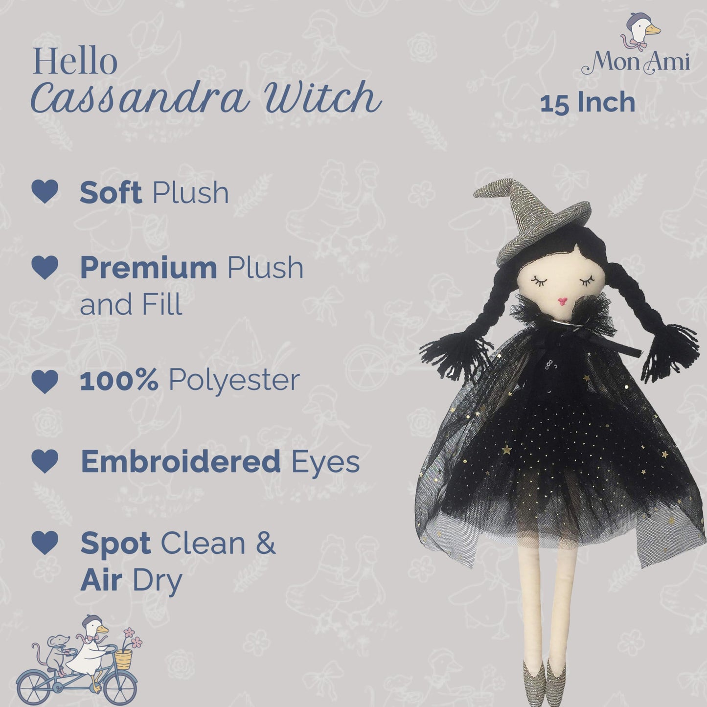 MON AMI Cassandra Witch Doll - 15” | Soft & Elegant Plush Doll for All Ages | Spooky, Cute Holiday & Halloween Decoration