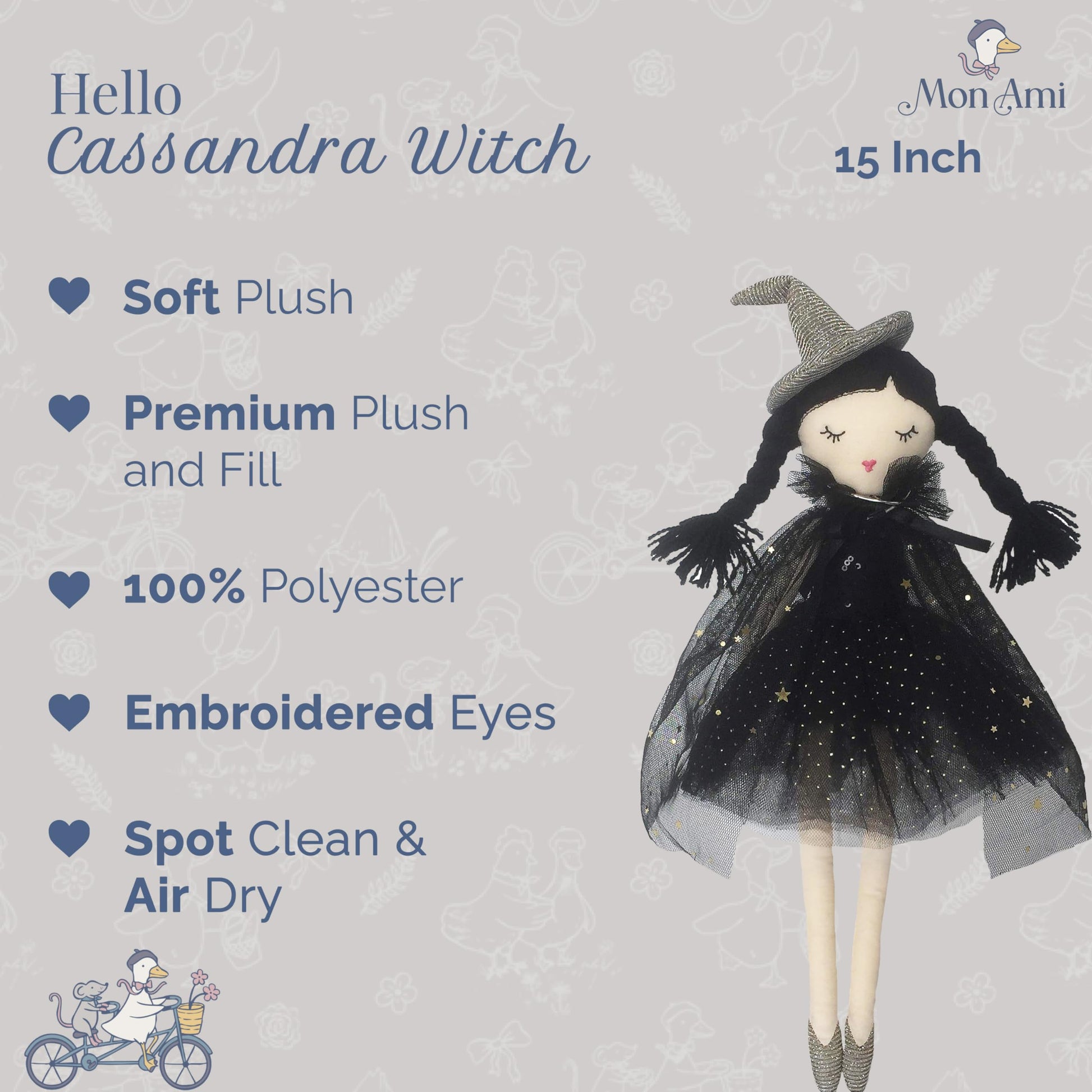 MON AMI Cassandra Witch Doll - 15” | Soft & Elegant Plush Doll for All Ages | Spooky, Cute Holiday & Halloween Decoration