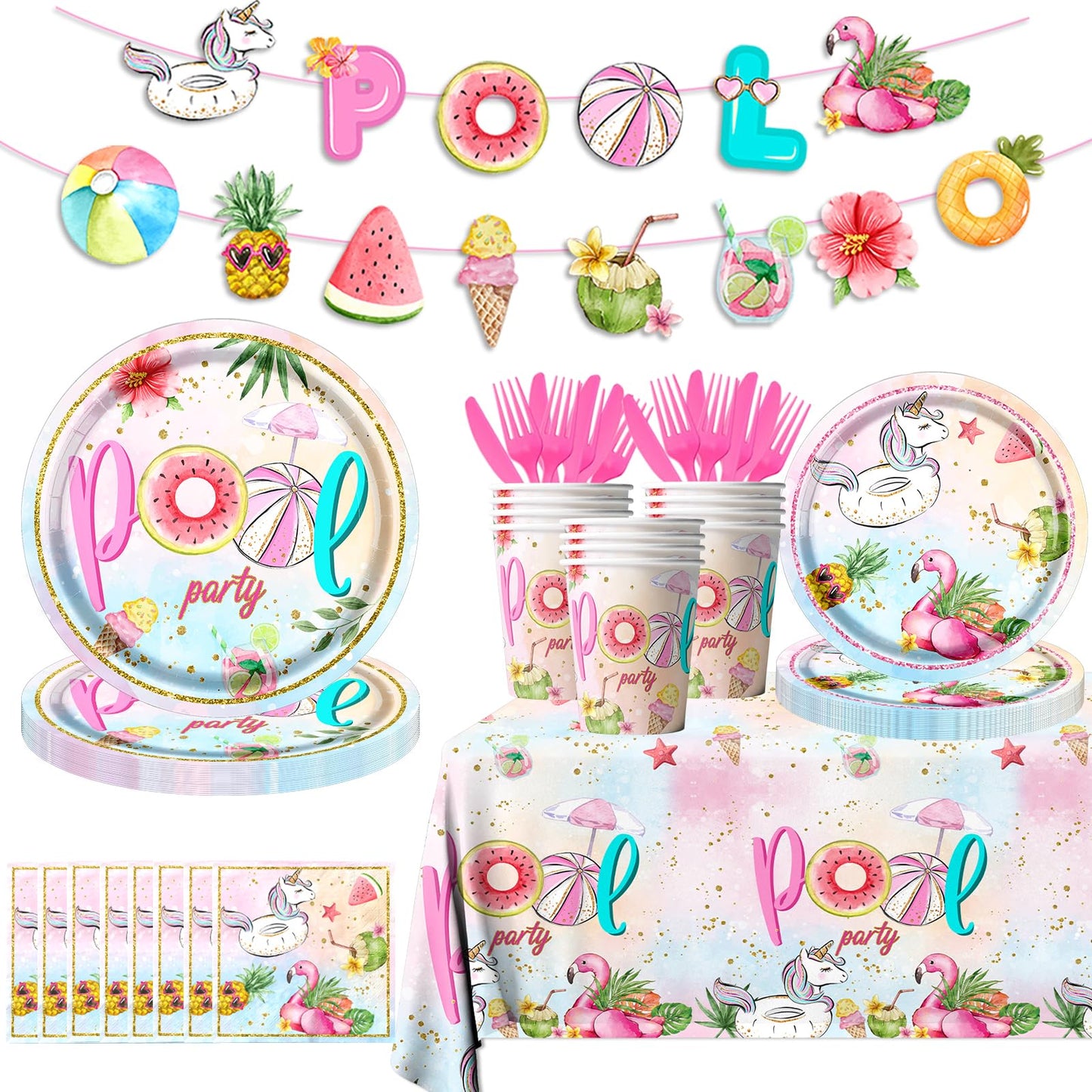 Pool Birthday Party Decoration,142Pcs Pool Party Tableware Plates,Napkins,Tablecloth Summer Flamingo Theme Table Decoration for Beach Birthday,Baby
