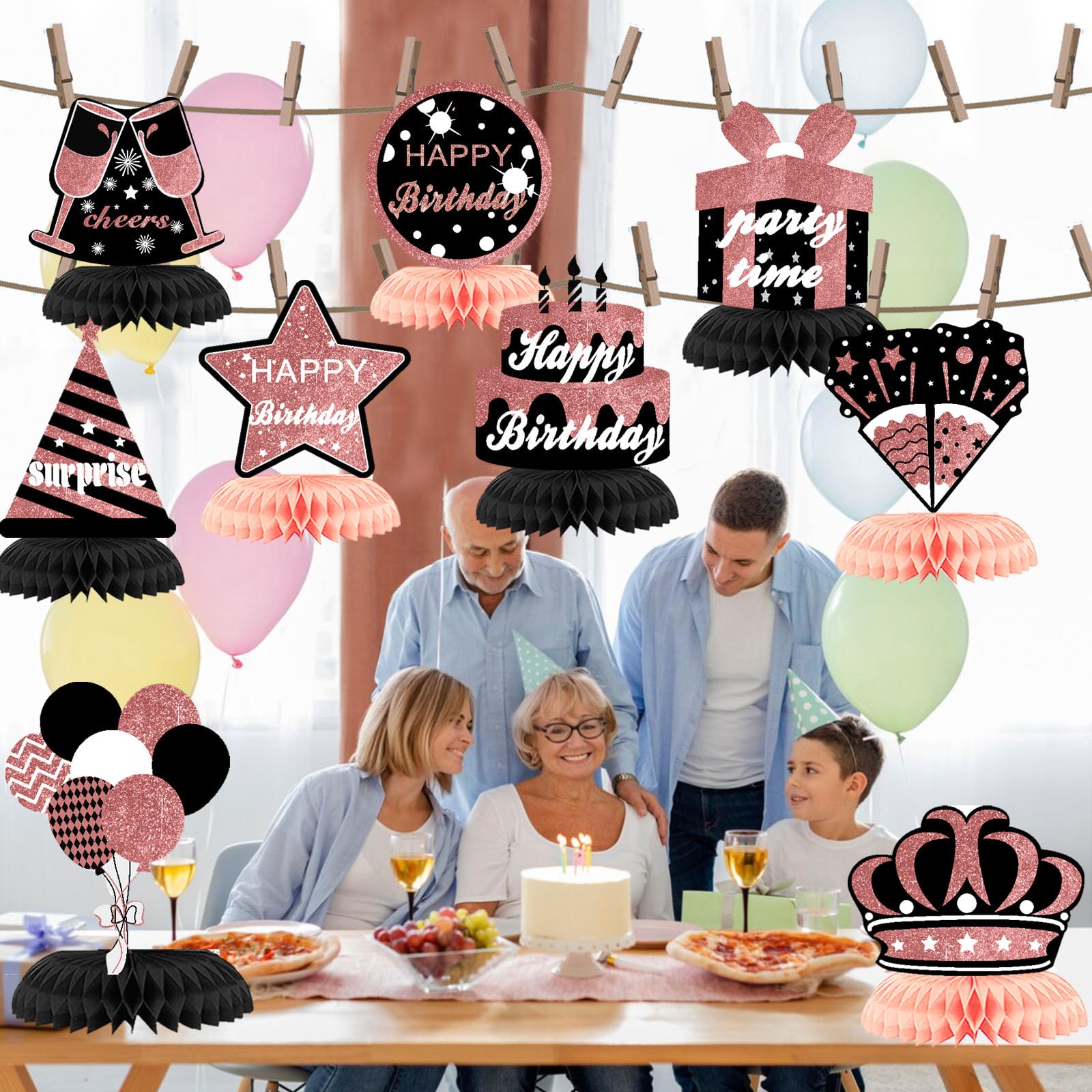 WINPOGEE 9PCS Rose Gold Black Happy Birthday Decorations Honeycomb Centerpieces for Women MenHappy Birthday Table Centerpieces Party Supplies Birthday