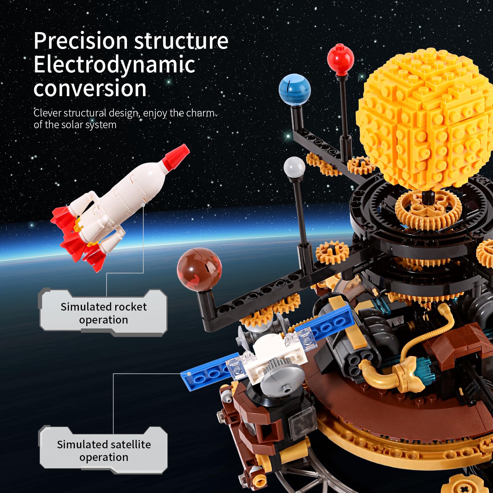 Solar System Orrery Building Set - Rotatable Planet Toys with 9 Planets & Rocket Sets, Compatible with Lego Space - Educational STEM Projects Science