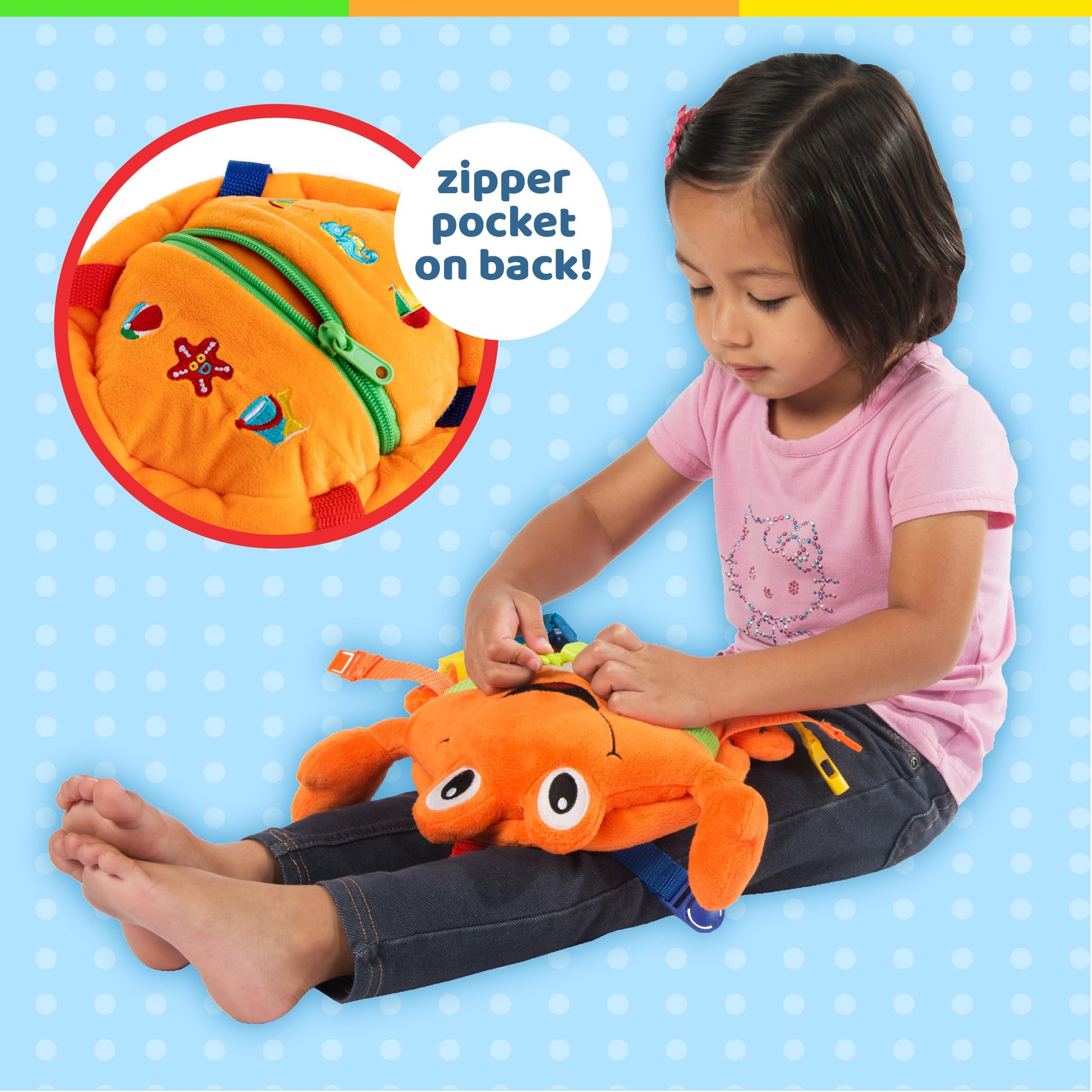 Buckle Toys - Barney Crab Stuffed Animal - Montessori Learning Toy for Toddlers - Develop Motor Skills and Problem Solving - Great Car Trip Activities