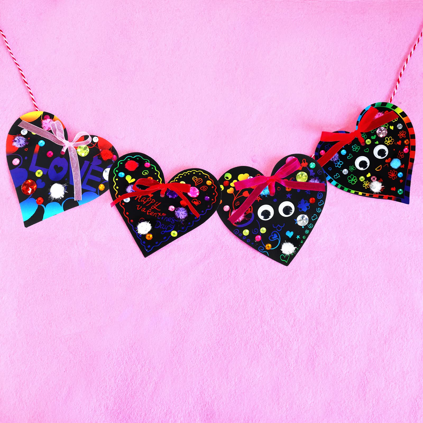 27 Sets Magic Color Scratch Paper Heart Ornaments Bookmarks Valentine Craft Kits Scratch Paper Heart Cutouts Pom-poms Googly Eyes for Kids Activity