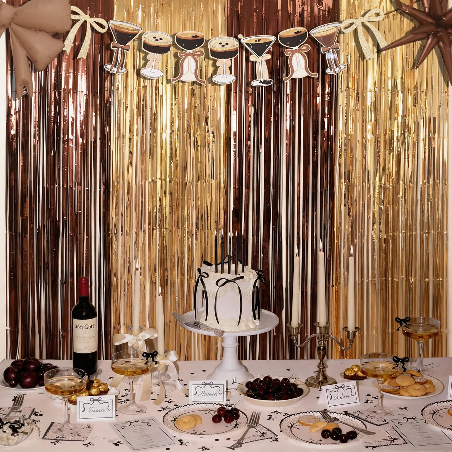 Espresso Martini Decorations, 2 Pack Tini Bit Older Birthday Party Photo Booth Prop, Brown Gold Fringe Curtains Photo Streamers Backdrop for Love Is