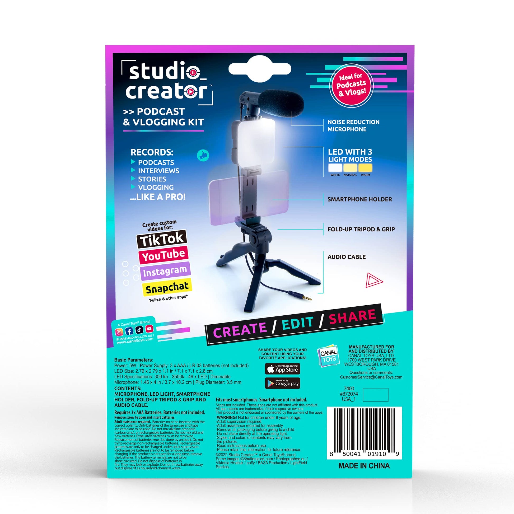 Canal Toys New Studio Creator Podcast & Vlogging Kit - Record Your own podcasts and Vlogs Like Your Favorite influencers! Fold-up Tripod, LED Light &