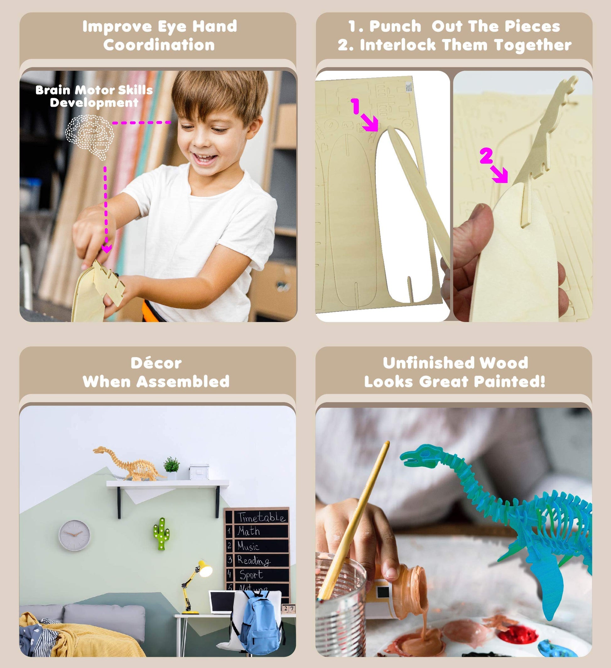 Puzzled 3D Puzzle Plesiosaurus Dinosaur Wood Craft Construction Model Kit Fun, Educational DIY Wooden Dino Toy Assemble Model Unfinished Craft Hobby