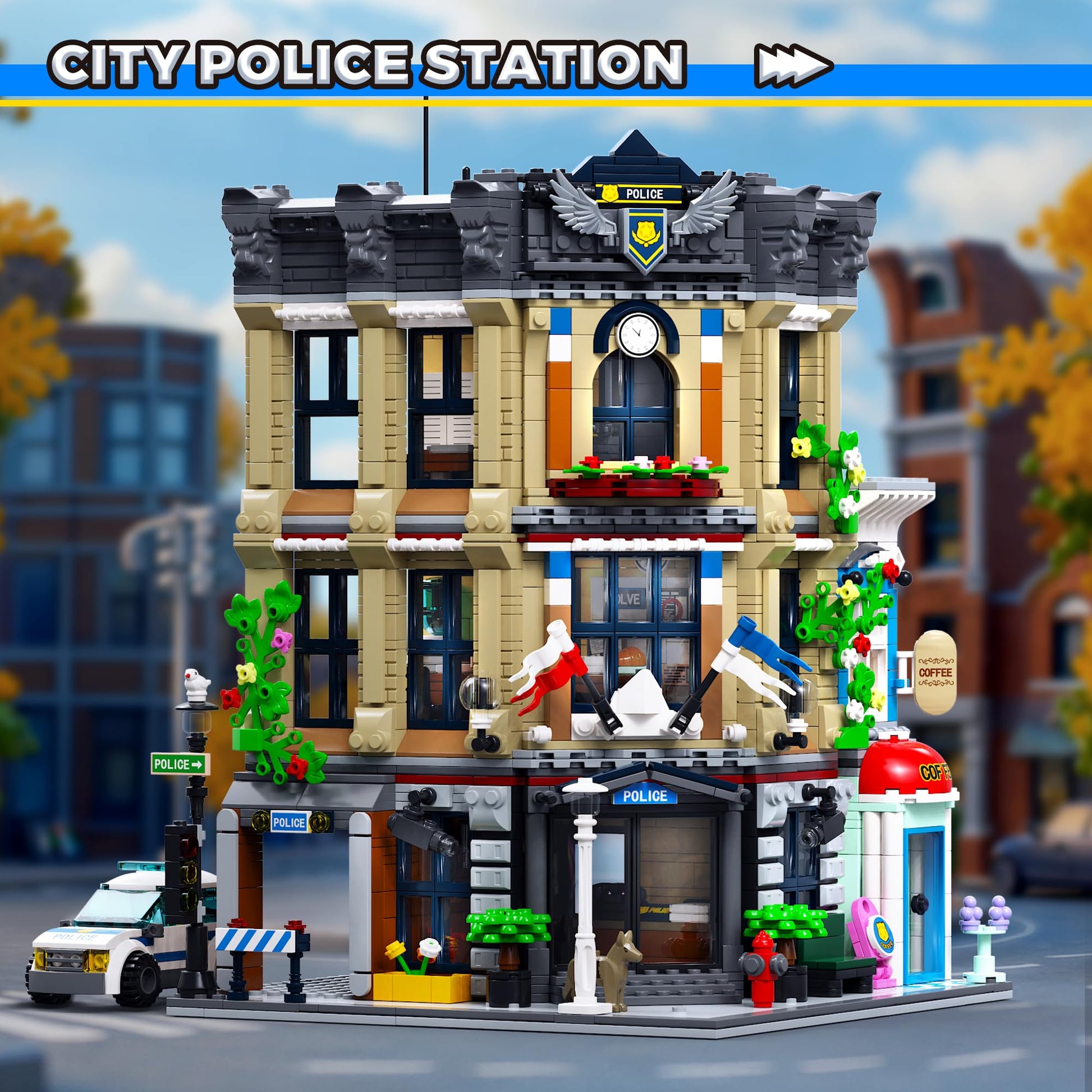 AsmrCap City Police Station Building Set for Boys, Police Station Toy with Police Car, Four-Floor Police Station with Office, Interrogation Room