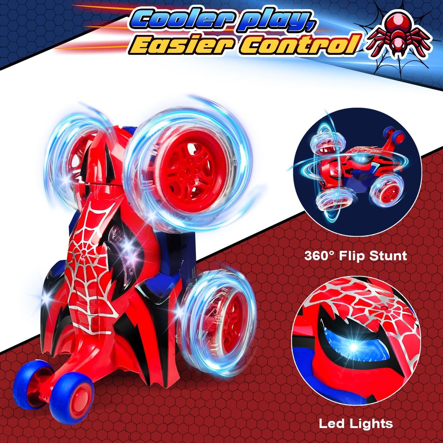 Kids Toys Spider RC Car for Boys 4-7 - Cool Spider Monster Remote Control Crawler Toy 360° Flip Fast Stunt & 4WD Light Up Wheel - Fun Boy Gift Idea