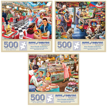 Bits and Pieces 500 Piece Puzzles for Adults Larry Jones 3-Pack - Large 18" x 24" Jigsaw Puzzles 500 Pieces 1950s Americana, No 2 Pieces Alike