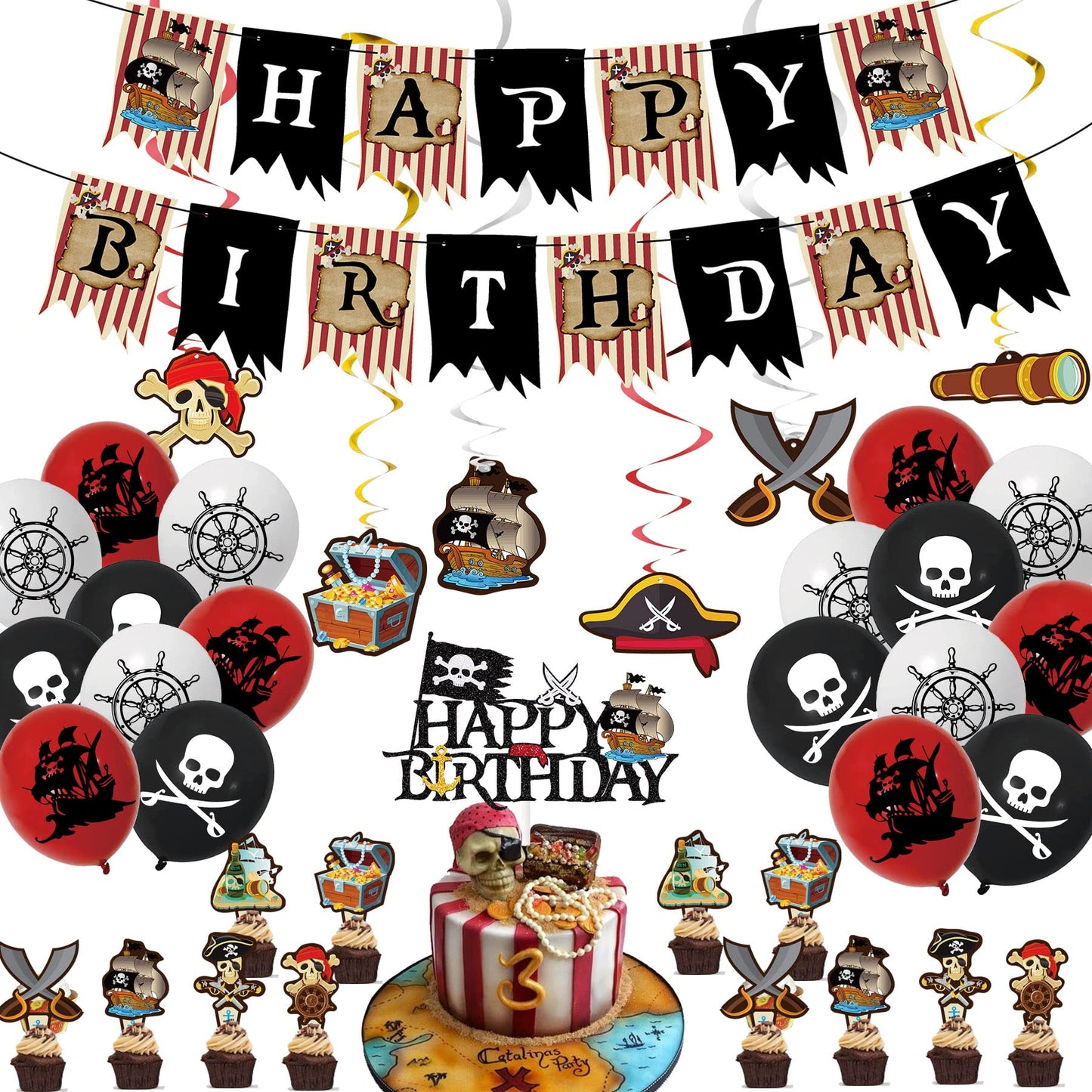 Pirate Party Decorations - Pirate Birthday Banner, Balloons, Cake Toppers & Hanging Swirls for Men, Boys & Kids