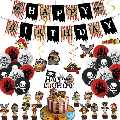 Pirate Party Decorations - Pirate Birthday Banner, Balloons, Cake Toppers & Hanging Swirls for Men, Boys & Kids