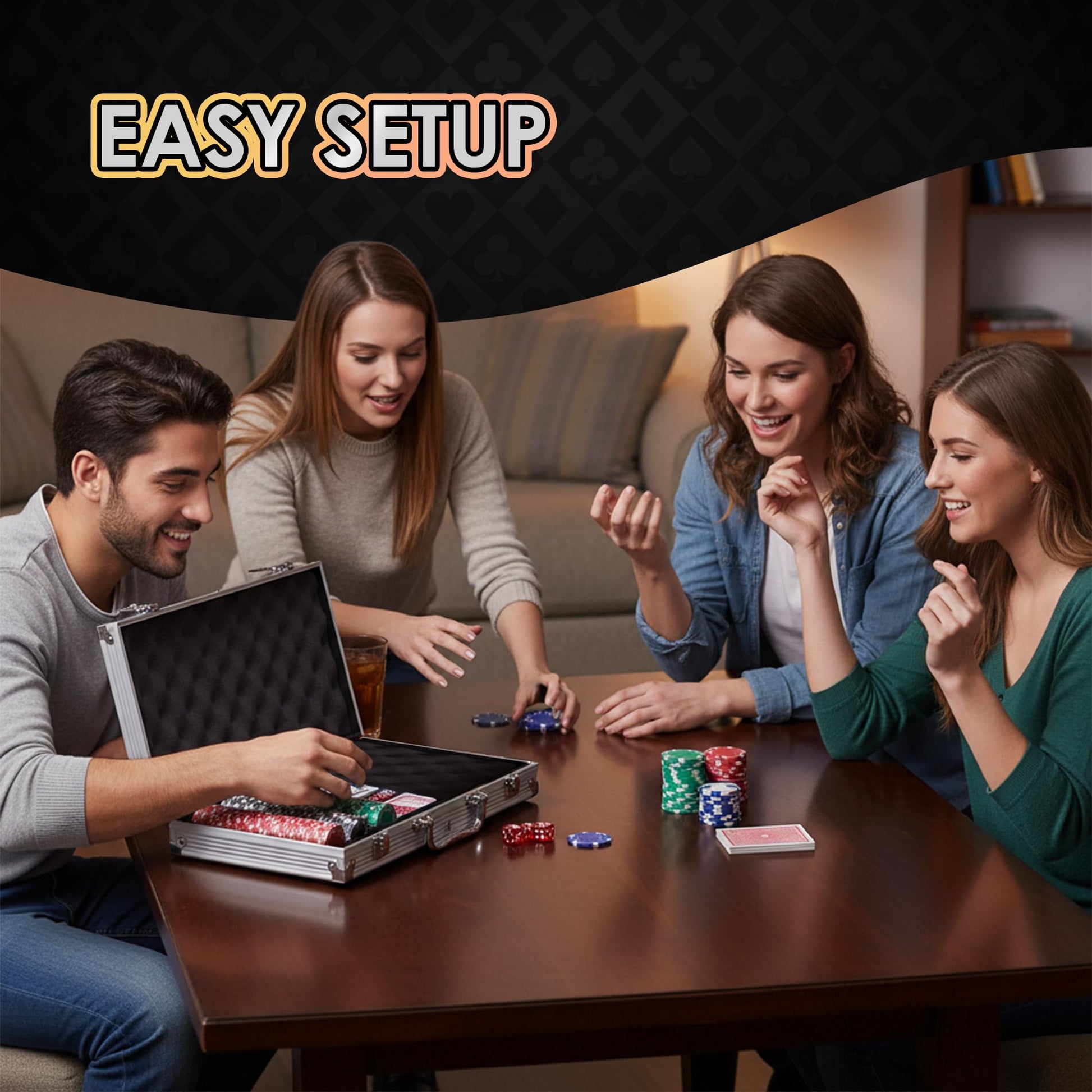 Gamie Poker Set in Aluminum Case, Casino Poker chip Kit with 300 Chips, 2 Decks of Playing Cards, 5 Dice, and 1 Deluxe Case, Fun Game Night Supplies