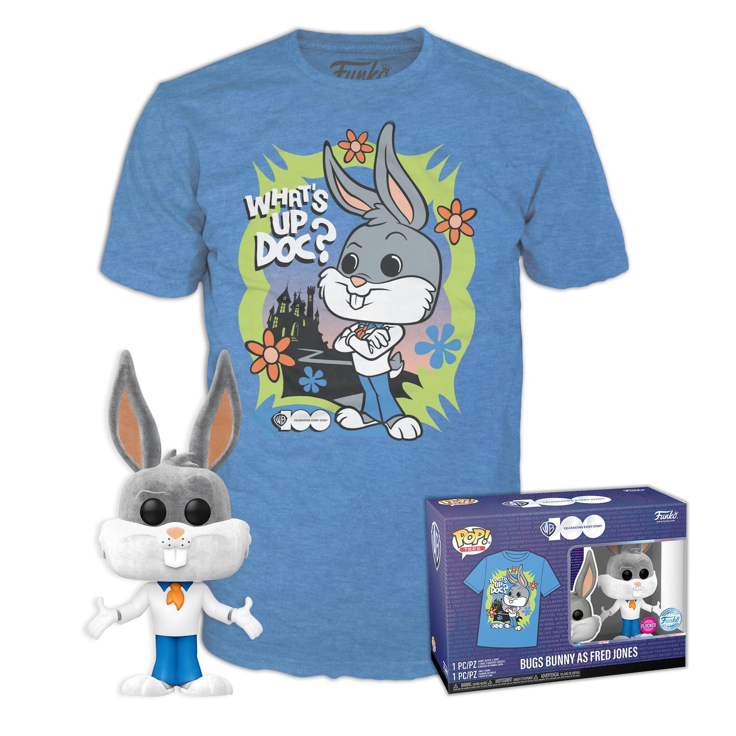 Funko Pop! & Tee: Bugs Bunny™ as Fred Jones™ (Flocked) - Large - (L) - T-Shirt - Clothes with Collectable Vinyl Minifigure - Gift Idea - Toys and