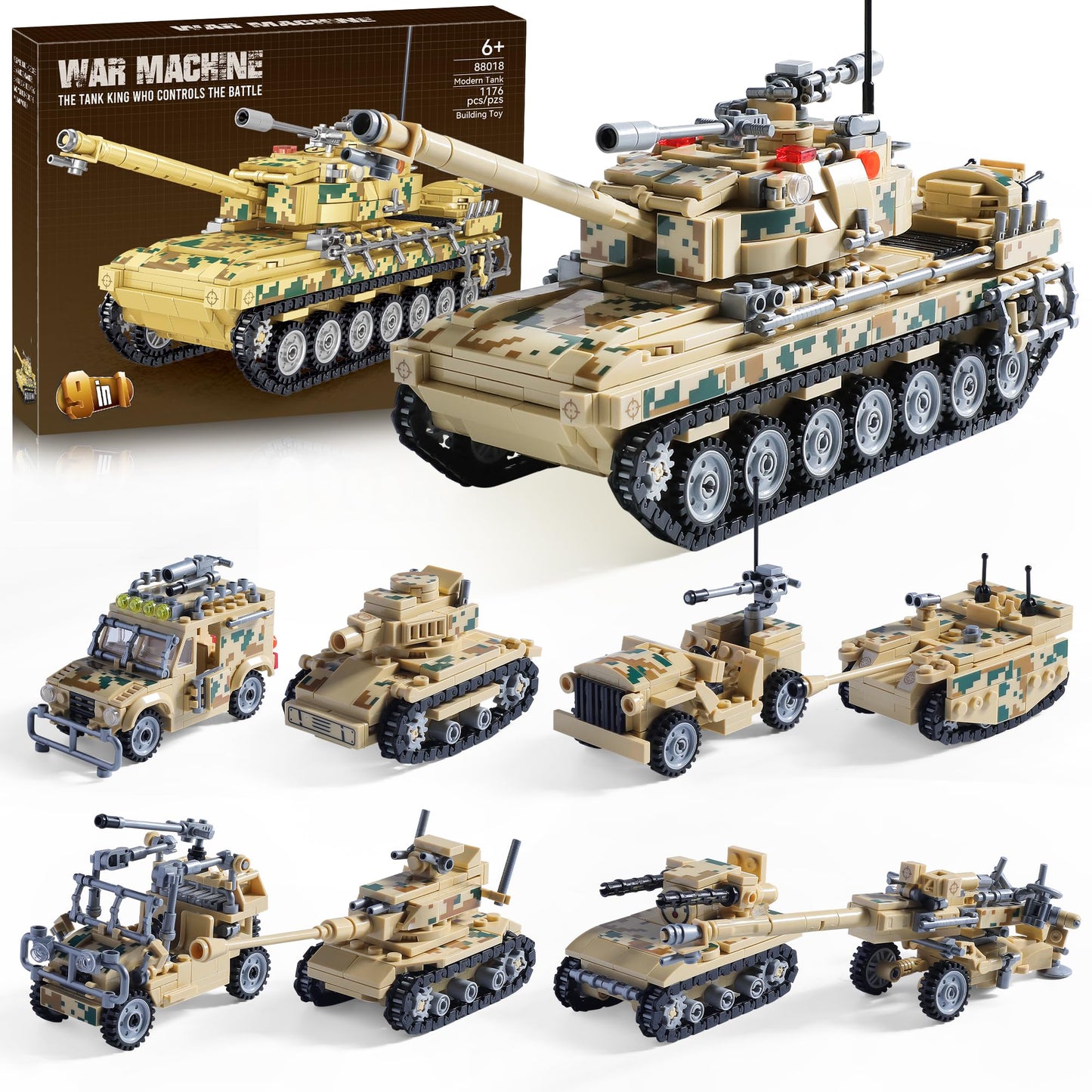 Military Tank Building Blocks Set Compatible with Lego, 1176-Piece 9 in 1 Army Vehicle Model with Rolling Tracks and Rotating Turret, Build, Play