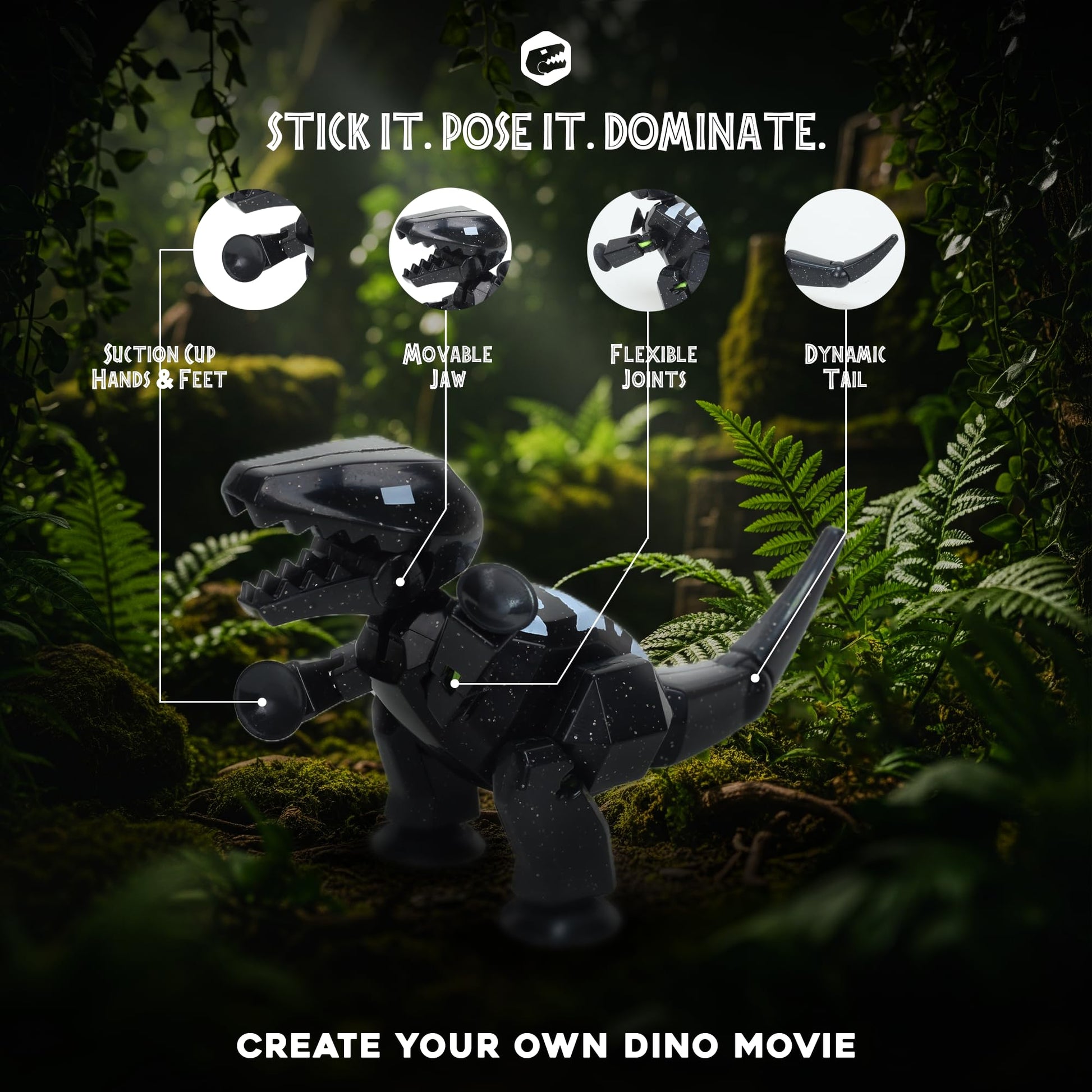 Zing Stikbot MEGA Dino Space Black T-REX - 6" Poseable Dinosaur Figure with Suction Cups, Stop Motion Animation Toy for Kids Ages 4+