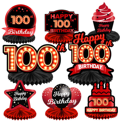 Happy 100th Birthday Red and Black Table Honeycomb Centerpieces Balloons Theme Decor Table Decorations Table Toppers for Girls Women Princess 100