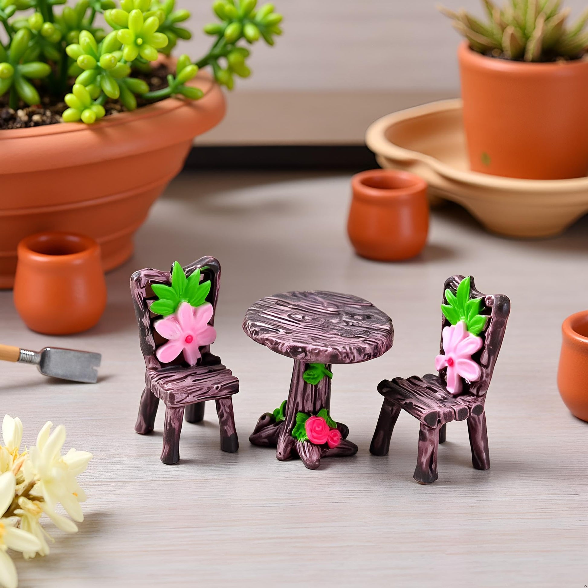 Miniature Furniture Set, Mini Table and Chairs, Wooden Garden Decor for Tiny Houses, Micro Landscape Accessories (C-1)