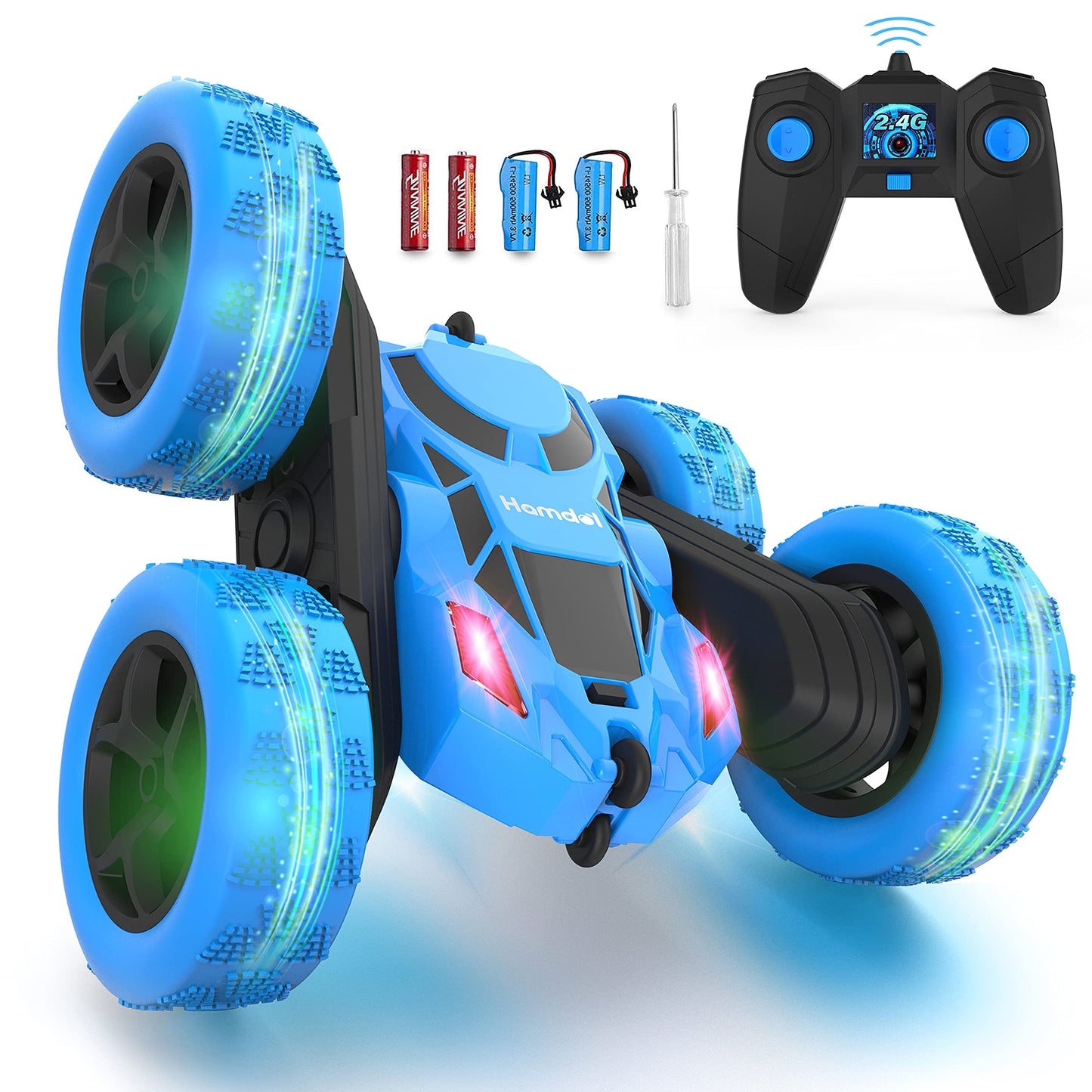 Hamdol Remote Control Car for Kids, 360° Rotating RC Stunt Car Double-Sided 4WD Electric Vehicle with LED Lights, 2.4GHz Rechargeable Toy Cars