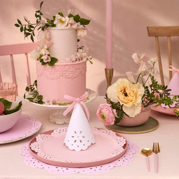 Meri Meri Broderie Anglaise Lace Party Hats (Pack of 8), Pastel Colors with Lace Design and Velvet Bows, Great for Princess Party Hats, Bridal