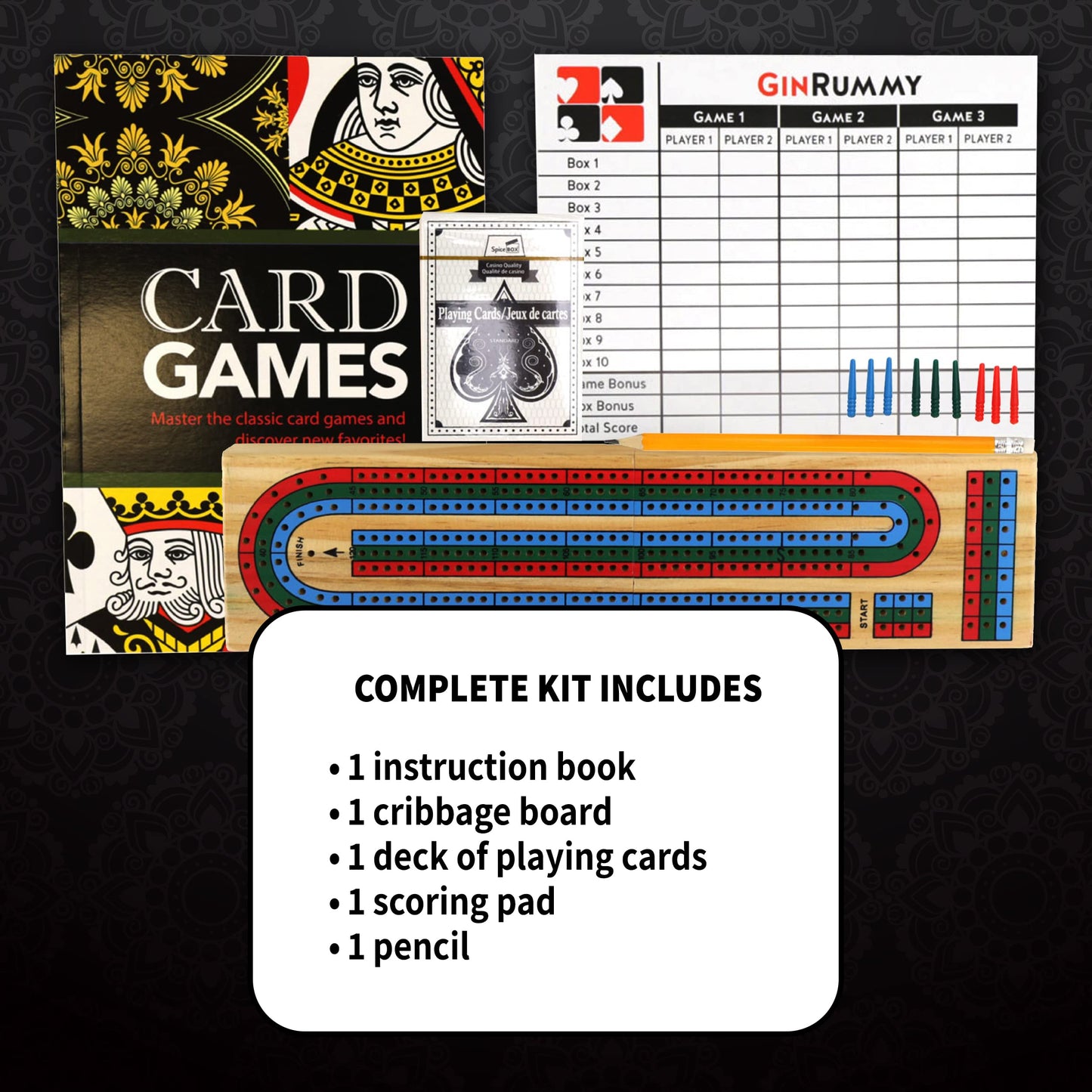 SpiceBox Classic Card Games for Adults and Kids, Fun Playing Cards Gift Set with Cribbage Board, Gin Rummy, 10 Classic Card Games Lessons