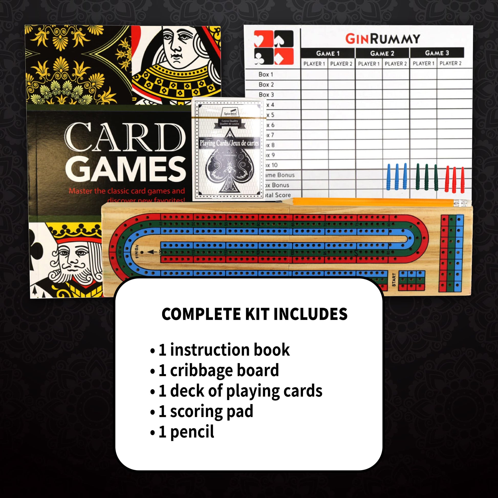 SpiceBox Classic Card Games for Adults and Kids, Fun Playing Cards Gift Set with Cribbage Board, Gin Rummy, 10 Classic Card Games Lessons