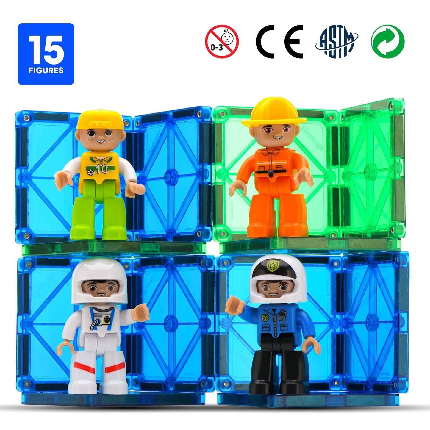 Playmags Large Magnetic Figures Community Set of 15 Pieces - 3” Play People Perfect for Magnetic Toys Building Blocks - STEM Learning Toys for Kids