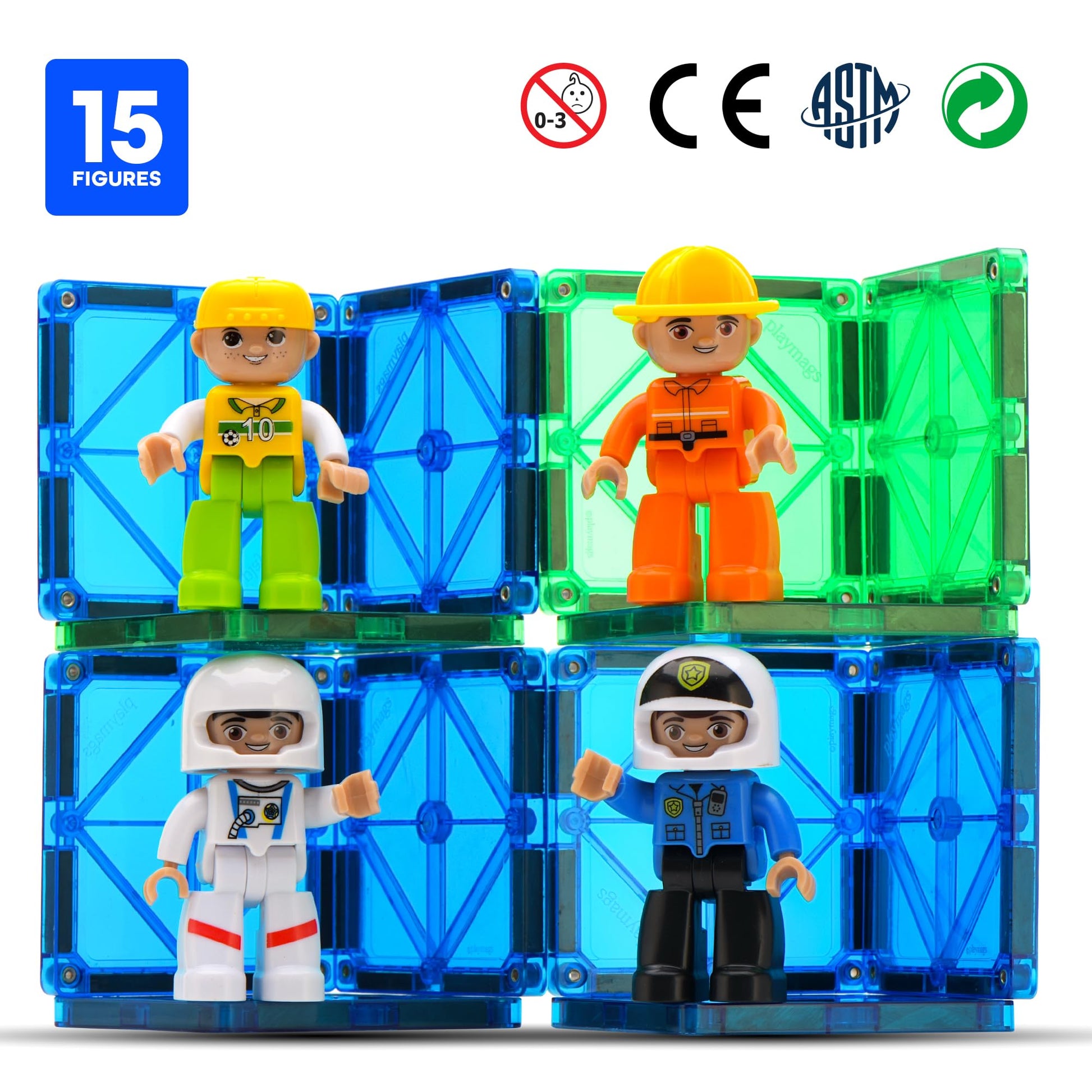 Playmags Large Magnetic Figures Community Set of 15 Pieces - 3” Play People Perfect for Magnetic Toys Building Blocks - STEM Learning Toys for Kids