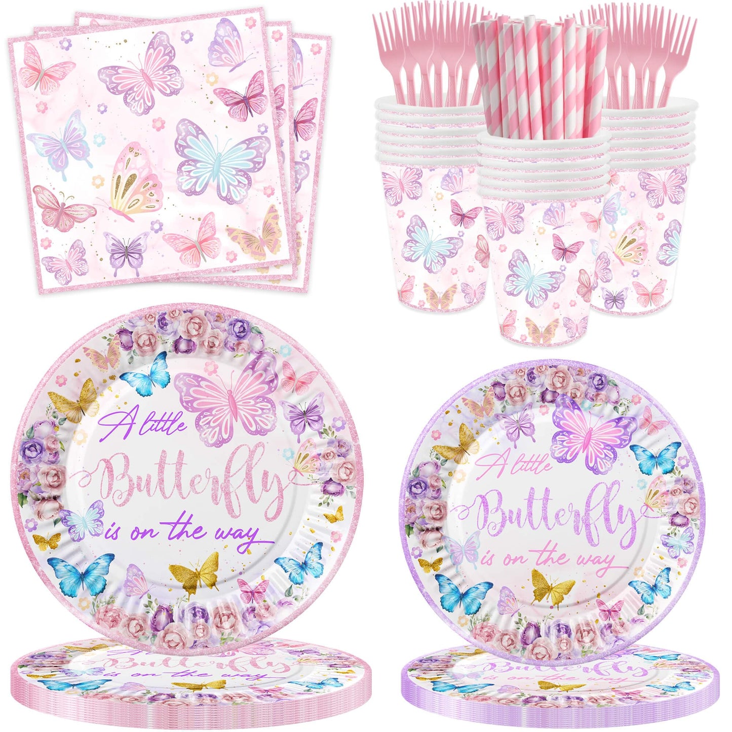 149 Pcs Butterfly Baby Shower Party Supplies Pink A Little Butterfly Is On The Way Tableware Includes Hanging Swirl, Plates, Cups, Straws, Tablecloth
