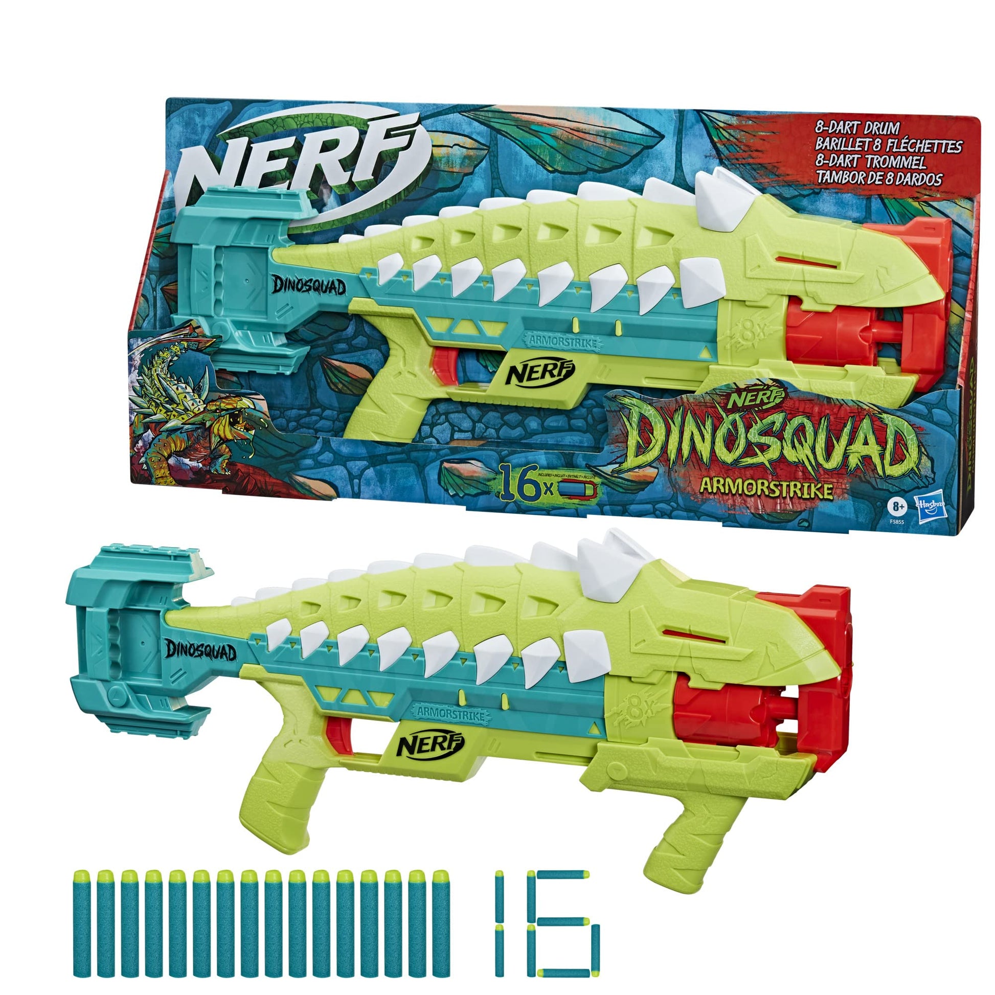 Nerf DinoSquad Armorstrike Dart Blaster, 8-Dart Drum, 16 Nerf Elite Darts, Anklyosaurus Dinosaur Design, Toys for 8 Year Old Boys and Girls and Up