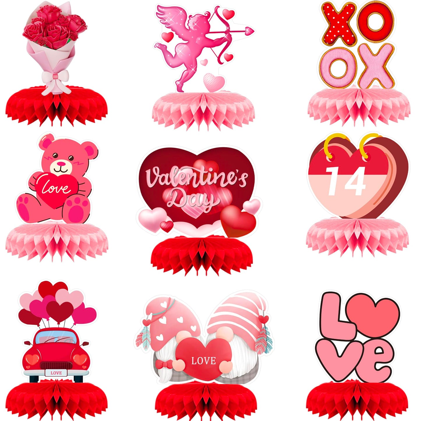 9 Pcs Valentines Day Decorations Honeycomb Centerpiece, Pink Valentines Table Decorations Valentines Table Centerpiece for Valentines Day Party