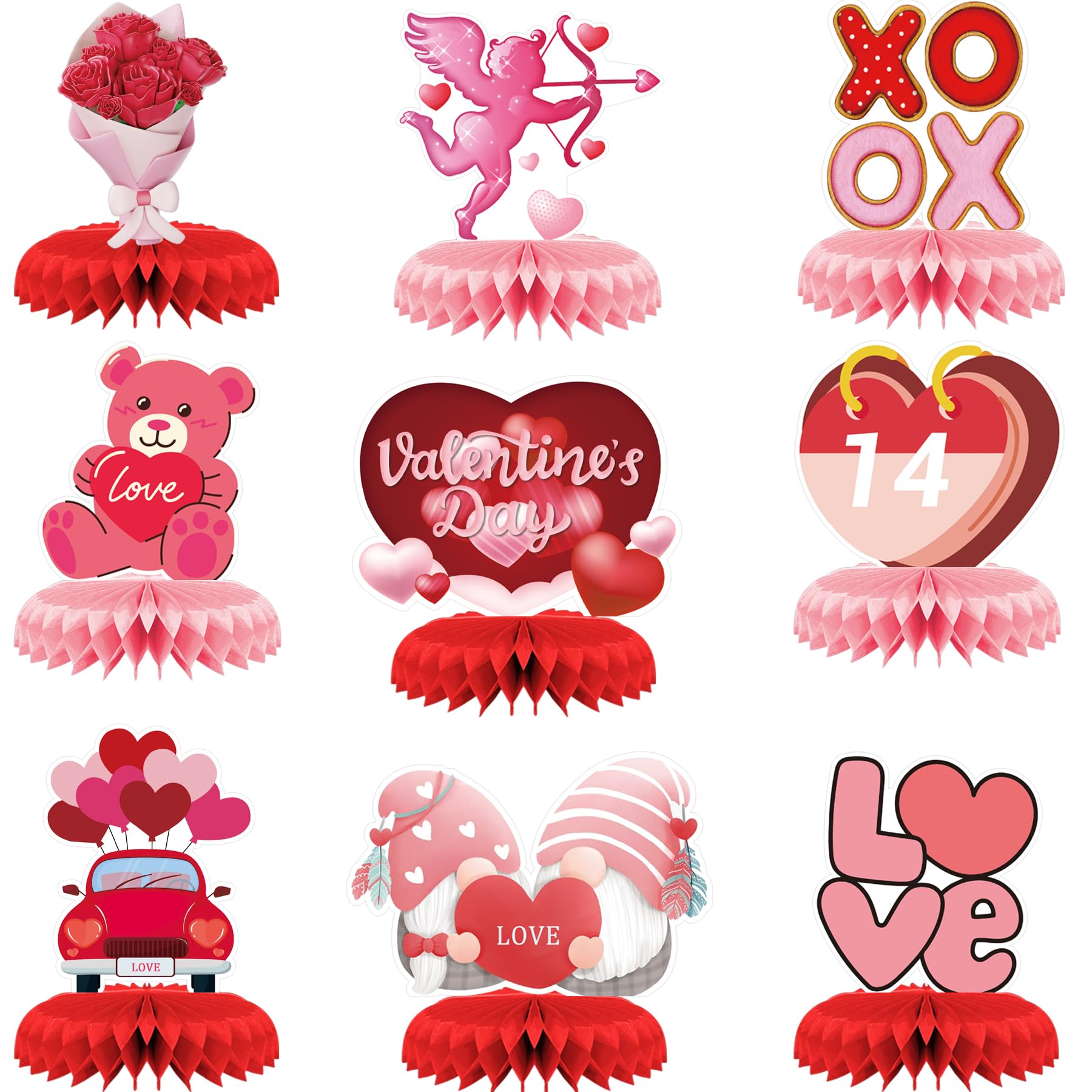 9 Pcs Valentines Day Decorations Honeycomb Centerpiece, Pink Valentines Table Decorations Valentines Table Centerpiece for Valentines Day Party