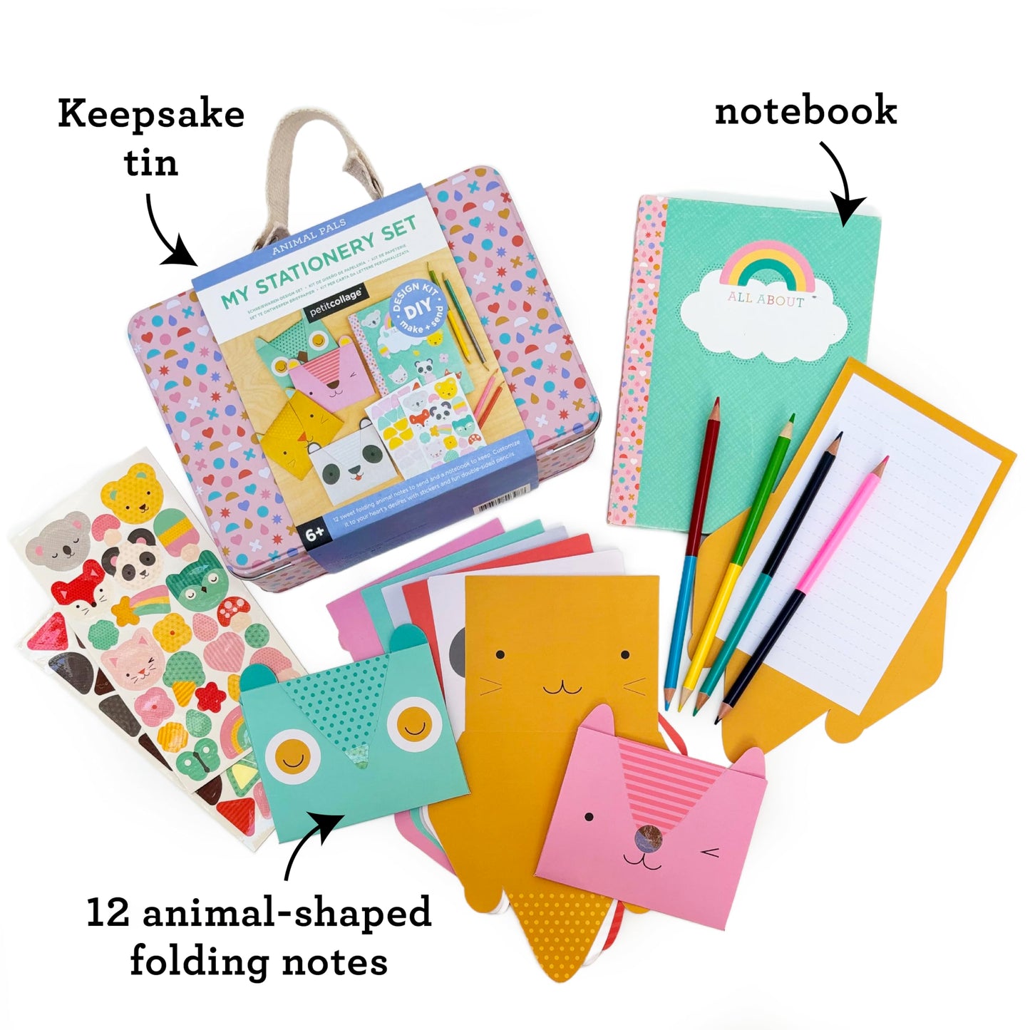 Petit Collage DIY Arts and Crafts Kit, Stationery Design - Craft Kit for Kids Includes 12 Animal Notecards, 1 Blank Journal, 2 Sticker Sheets, 4