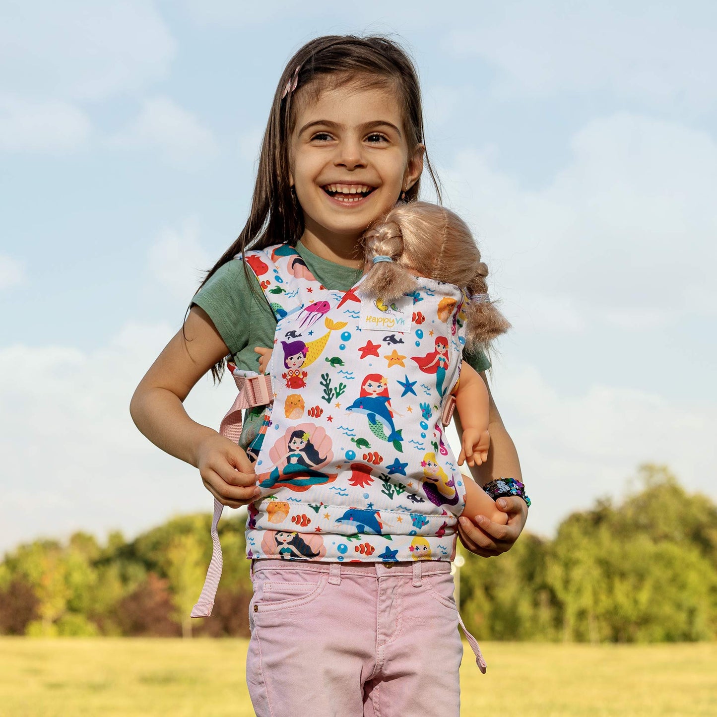 HappyVk - Baby Doll Carrier Kids Toy Carrier for Dolls Front and Back with Adjustable Straps Doll Accessories - Cute Mermaid Design