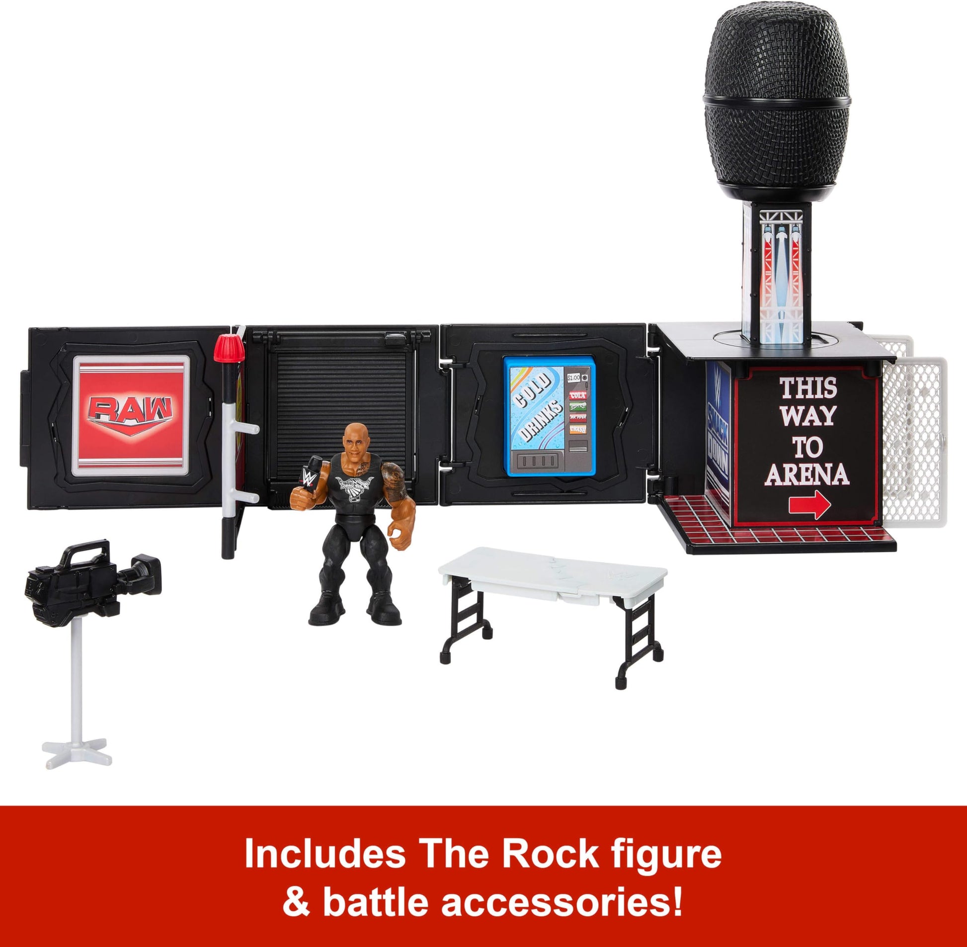 Mattel WWE Knuckle Crunchers 2-in-1 Microphone & Playset with Action Figure & 2 Accessories, Final Boss Set with 3.25-inch the Rock