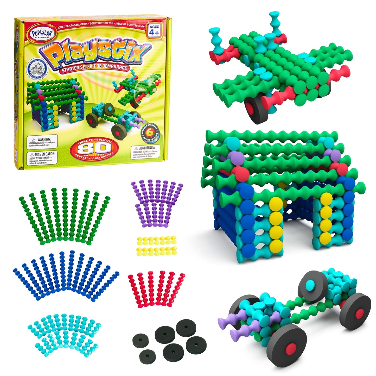 POPULAR PLAYTHINGS Playstix, Building Sticks Kit for Kids, Construction Stem Building Toy Gift for Boys & Girls - Starter Set 80 Piece