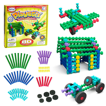 POPULAR PLAYTHINGS Playstix, Building Sticks Kit for Kids, Construction Stem Building Toy Gift for Boys & Girls - Starter Set 80 Piece