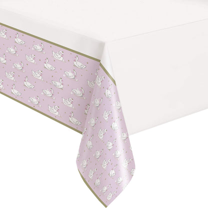 Unique Elegant White & Pink Swan Birthday Plastic Table Cover - 54" x 84" - Perfect for Kids' Parties, Baby Showers & Themed Events - 1 Pc.