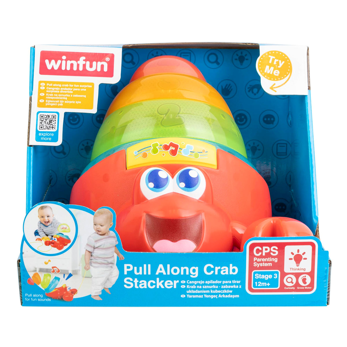 Winfun: Pull Along Crab Stacker - Lights & Sounds, Walking & Stacking Toy, 4 Colorful Cups, Motor Training, Sensory Toy, Baby & Toddler Ages 12mo+