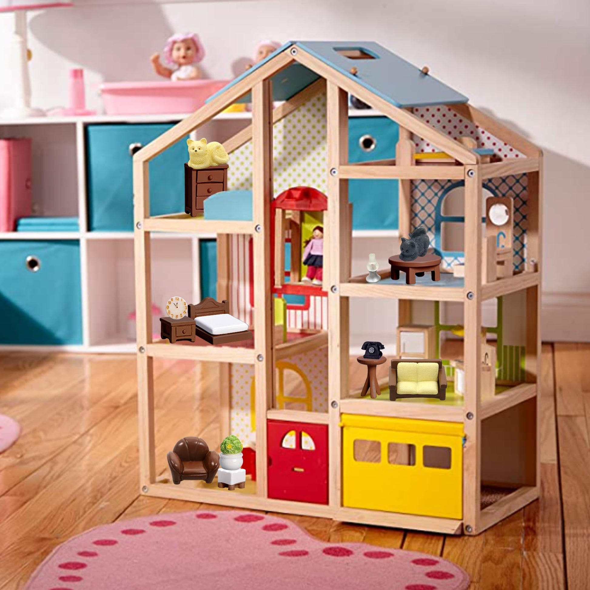 23pcs Brown Dollhouse Mini Furniture Kit Decoration DIY Accessories Including Dining Room Sitting Living Bedroom Set Toys for Baby Boys Children Girls