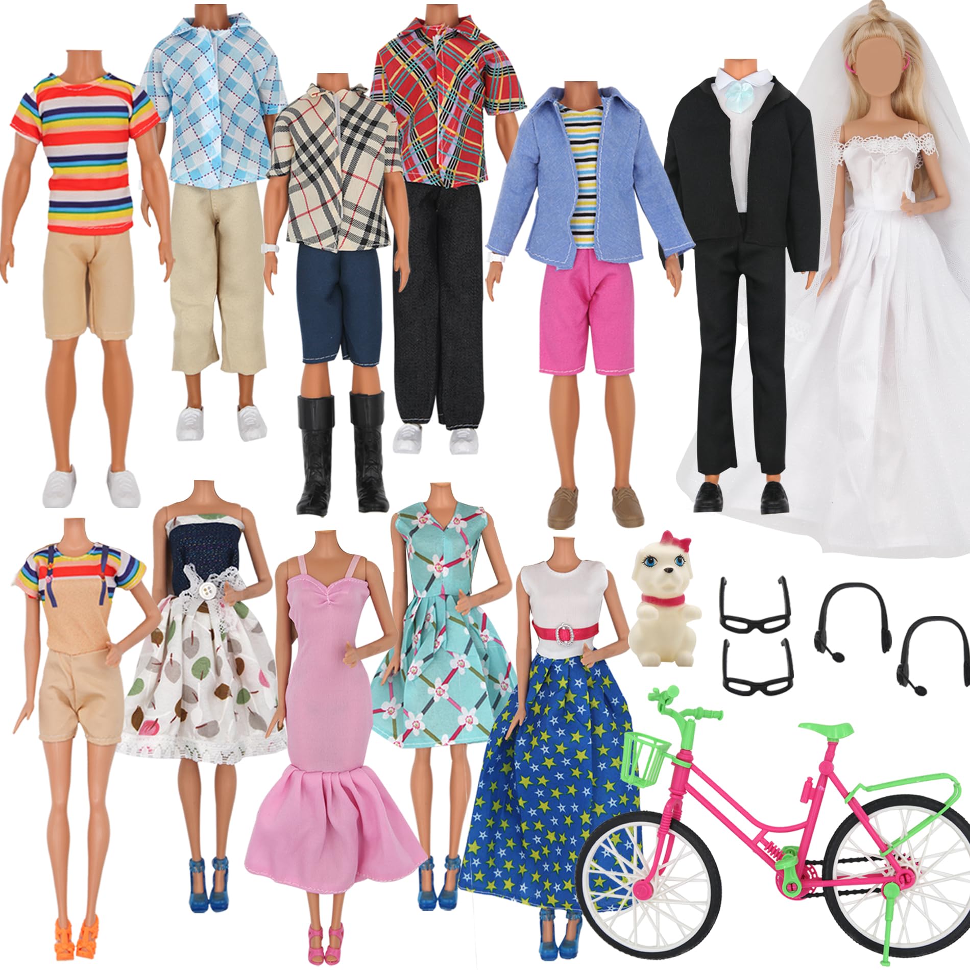 ZTWEDEN 33Pcs Doll Clothes and Accessories for 12 Inch Boy and GirlDoll, Includes 20 Wear Clothes Shirt Jeans Suit and Wedding Dresses, Glasses
