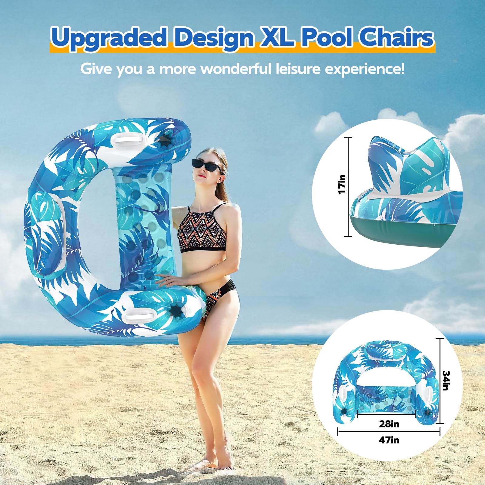 KEUCL Pool Floats, 3 Pack Inflatable Pool Float Chairs with Cupholders & Handles, Pool Floats Adult & Kids Perfect for Pool Lake & Rivers, Pool Toys